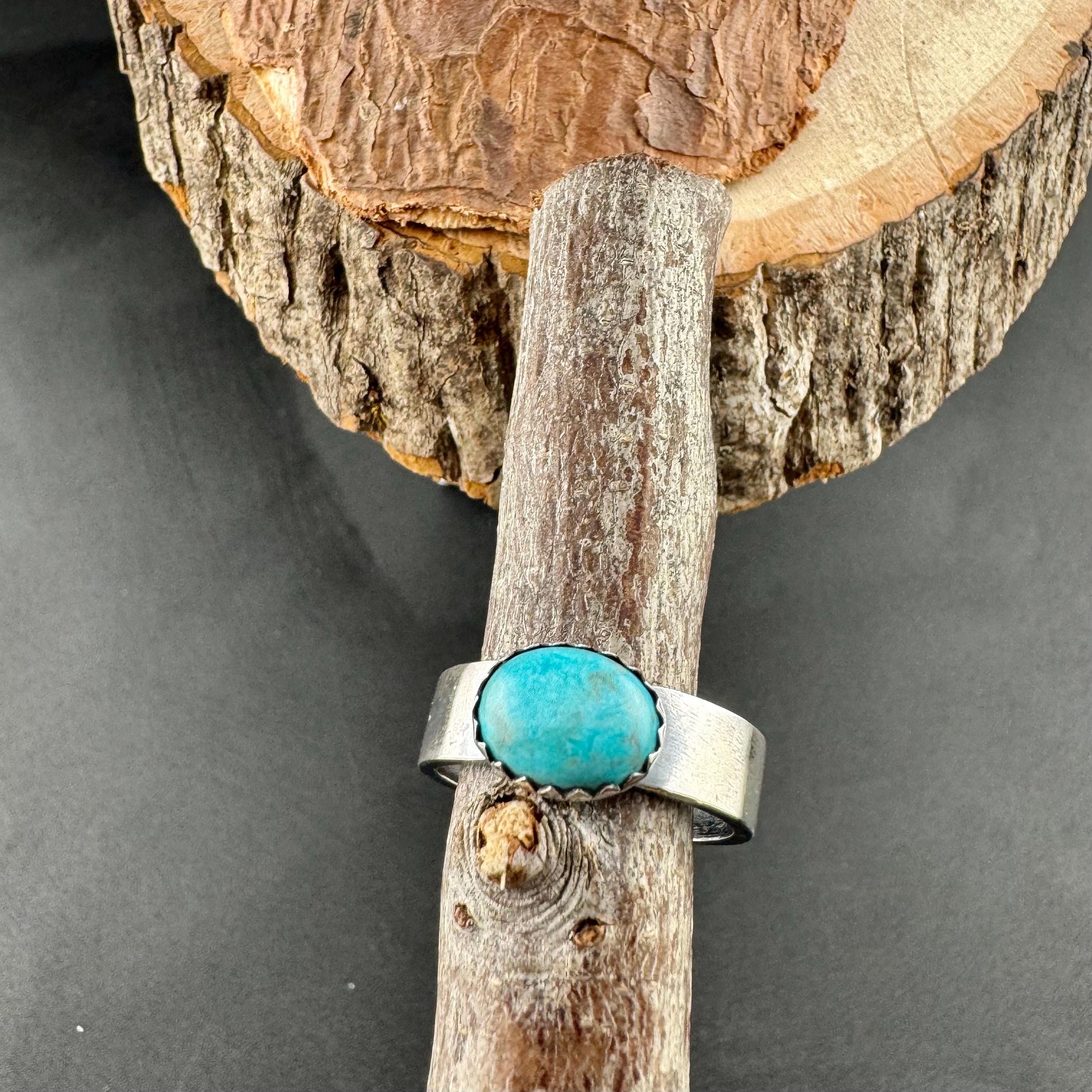 Sterling Silver Kingman Turquoise Bezel Band Ring - Hammered or Smooth Finish