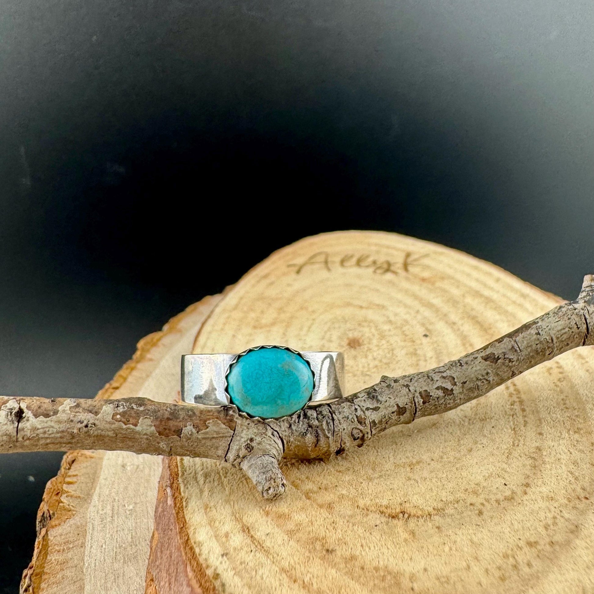 Sterling Silver Kingman Turquoise Bezel Band Ring - Hammered or Smooth Finish
