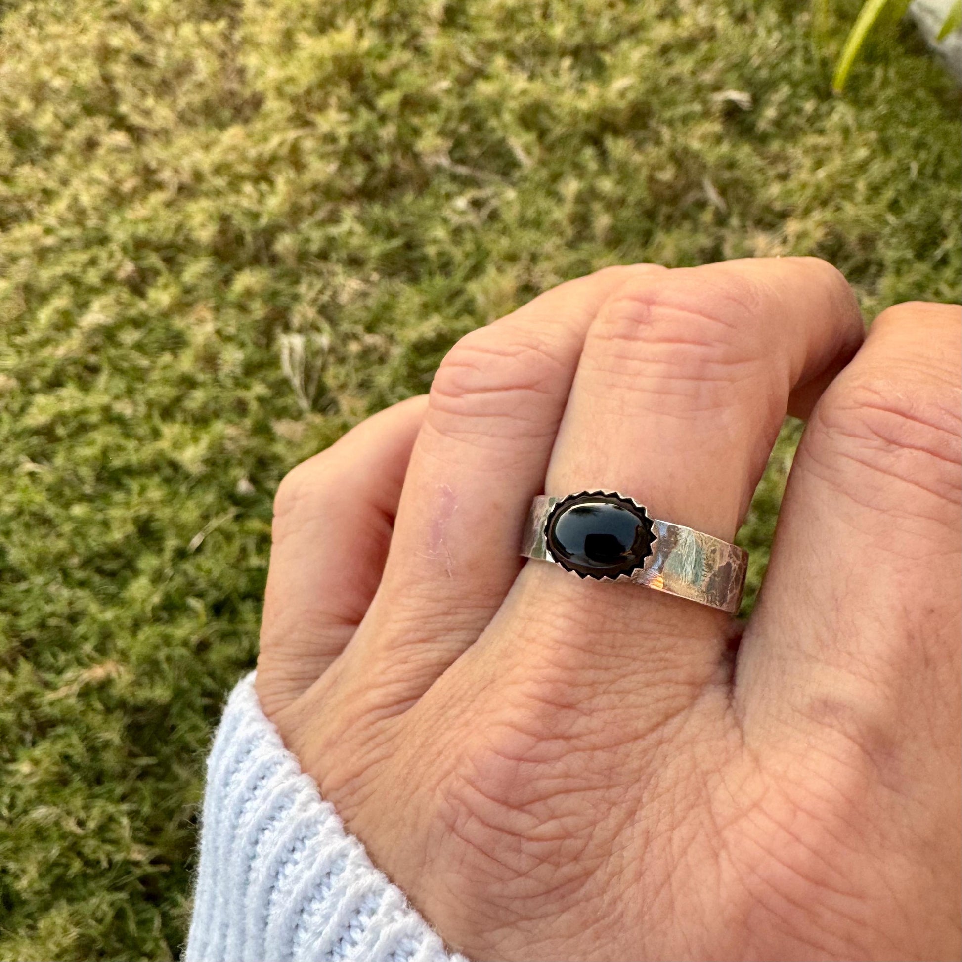 Sterling Silver Onyx Bezel Band Ring - Hammered or Smooth Finish