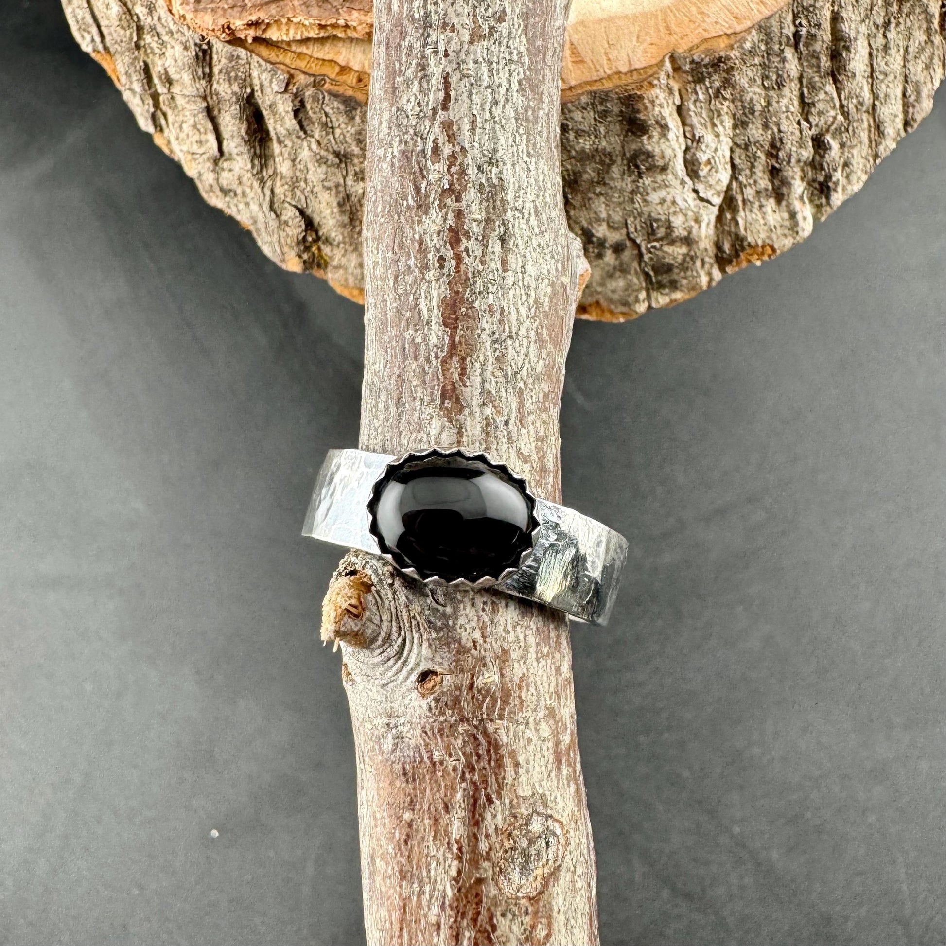 Sterling Silver Onyx Bezel Band Ring - Hammered or Smooth Finish