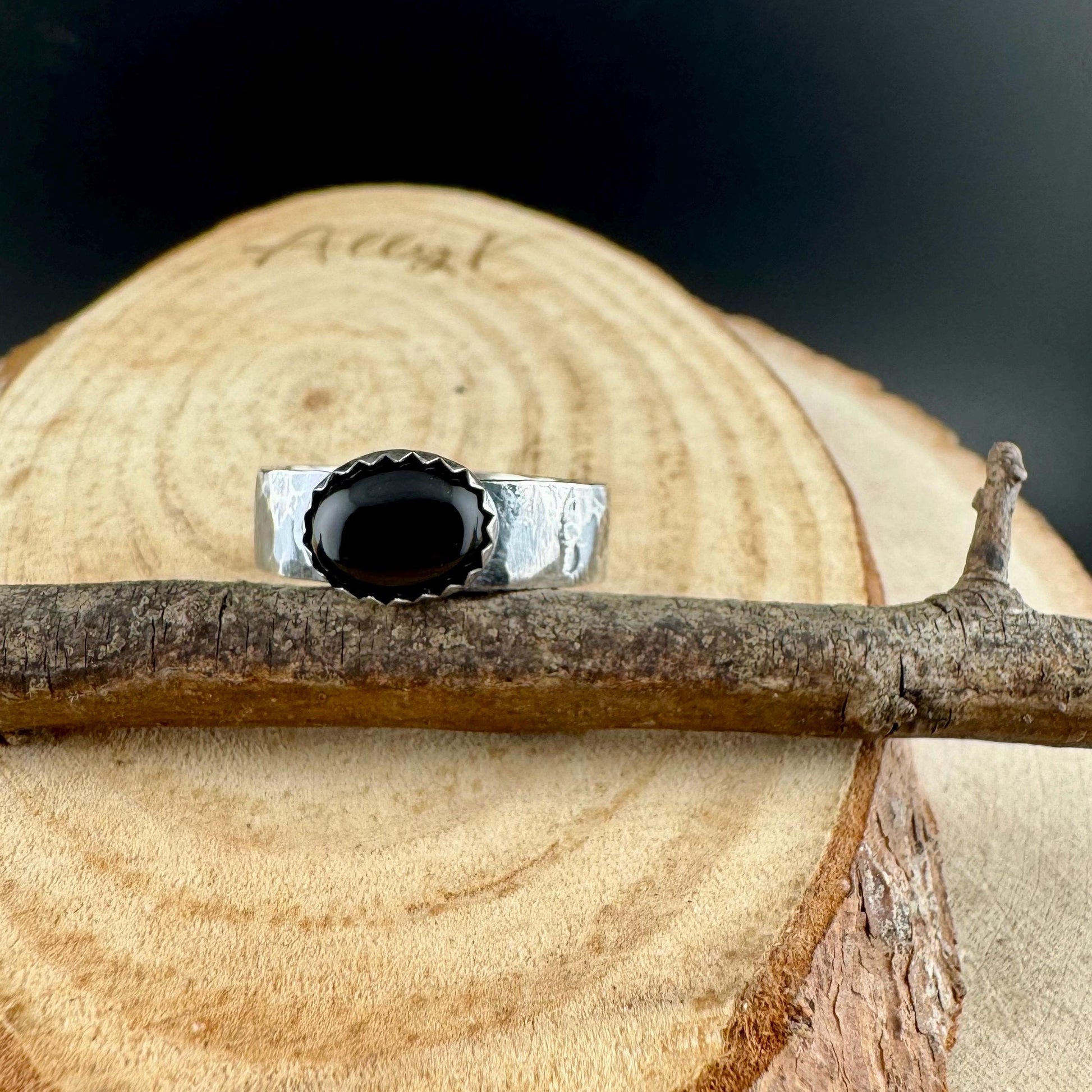 Sterling Silver Onyx Bezel Band Ring - Hammered or Smooth Finish