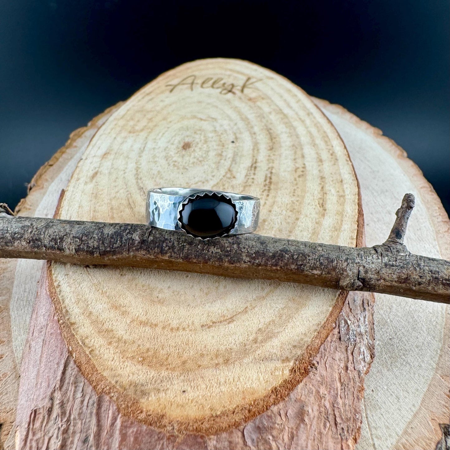 Sterling Silver Onyx Bezel Band Ring - Hammered or Smooth Finish