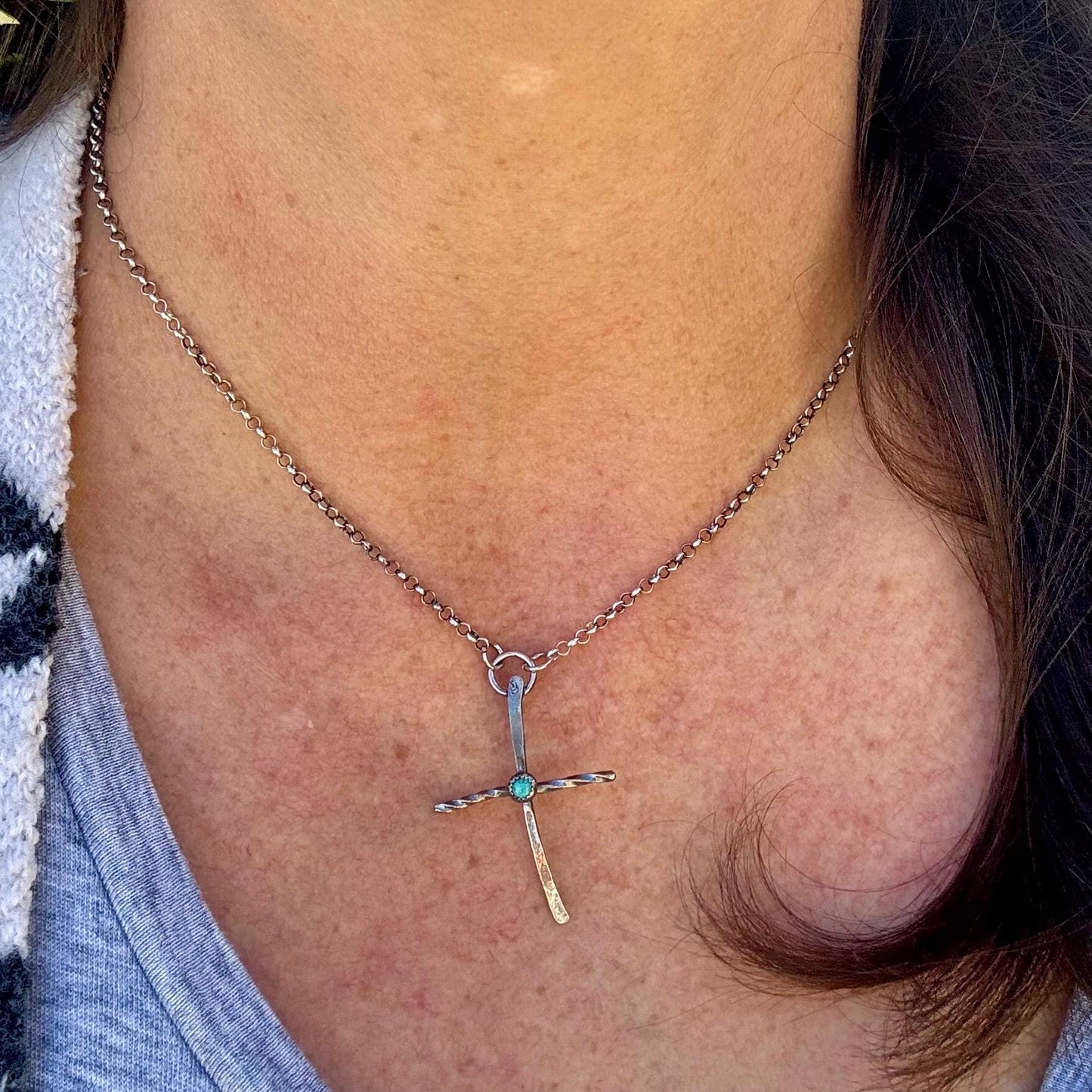 Sterling Silver Cross Pendant Necklace with Turquoise Gemstone Bezel Accent