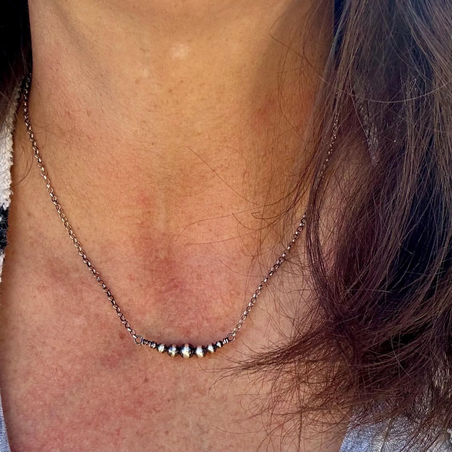 Sterling Silver Navajo Pearl Bar Choker | Dainty Southwestern Necklace | Shiny & Oxidized Chain