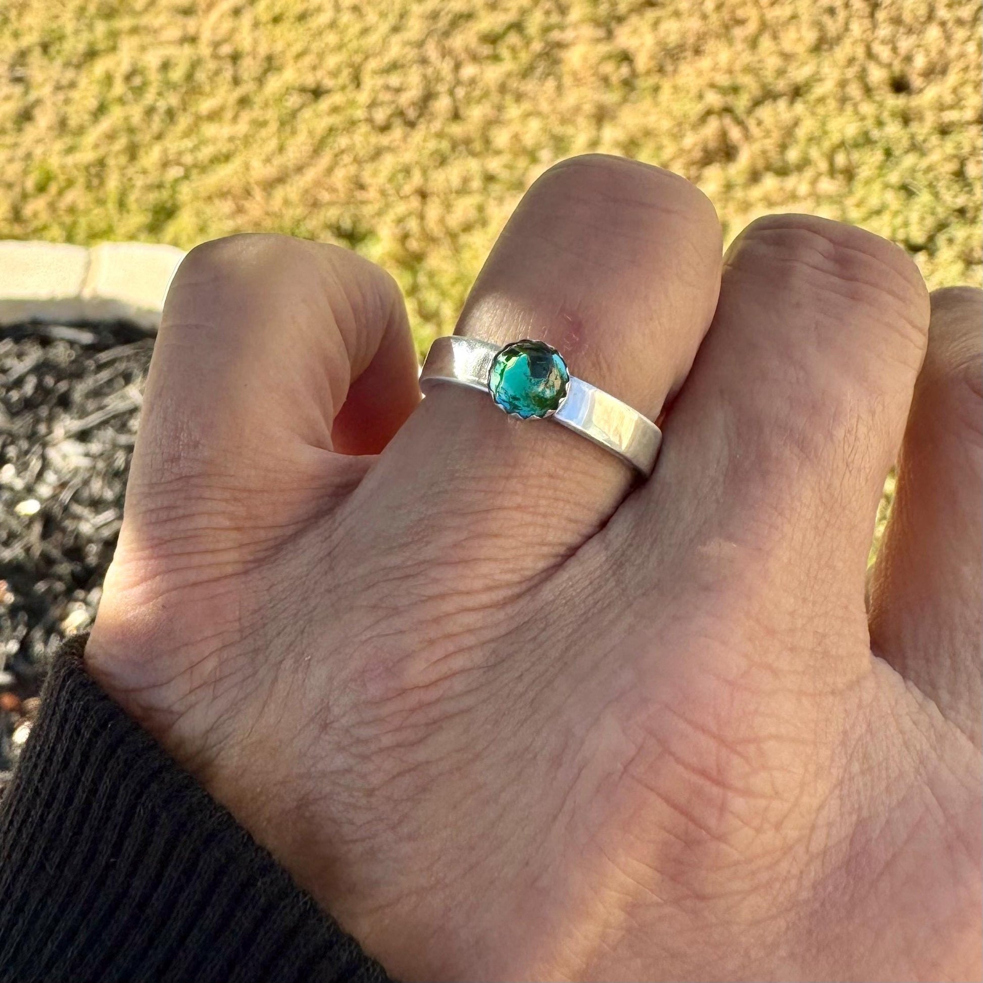 Sterling Silver Galazio Blue Topaz Band Ring - Hammered or Smooth Finish