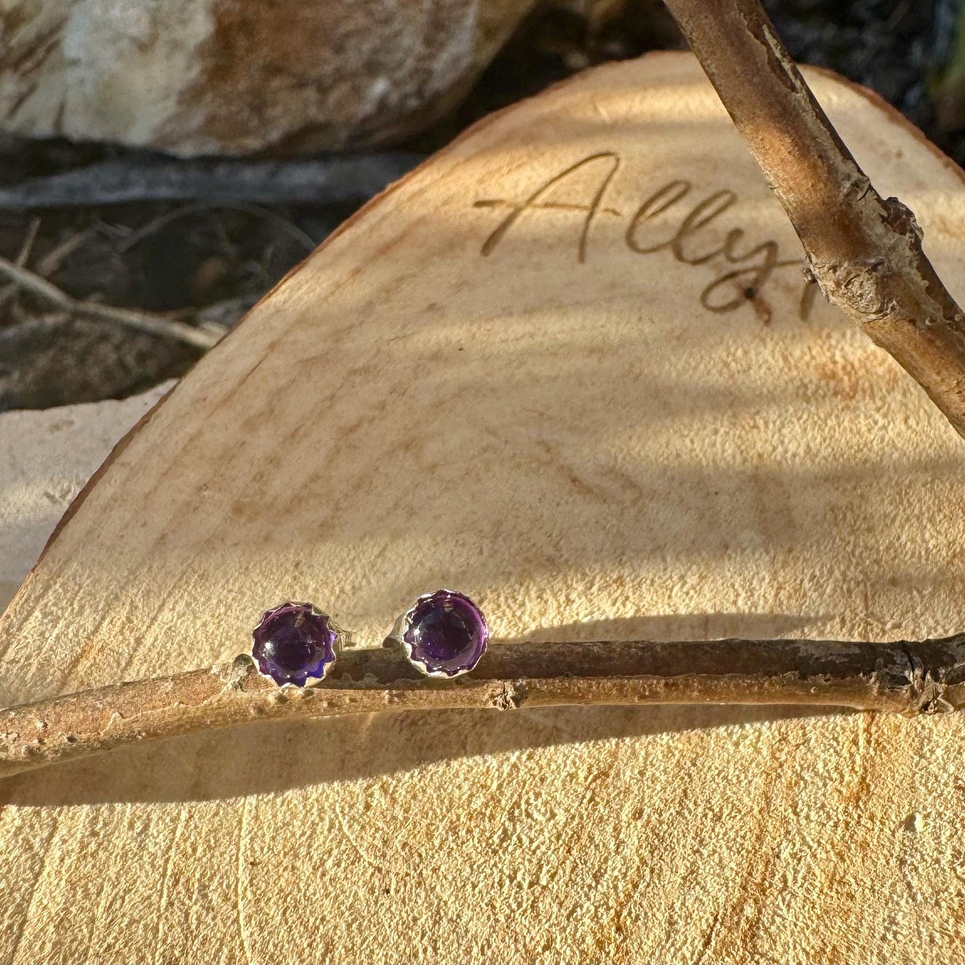 Handcrafted Serrated Bezel Amethyst Sud Post Earrings: 4mm