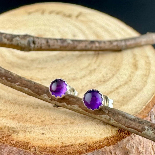 Handcrafted Serrated Bezel Amethyst Sud Post Earrings: 4mm
