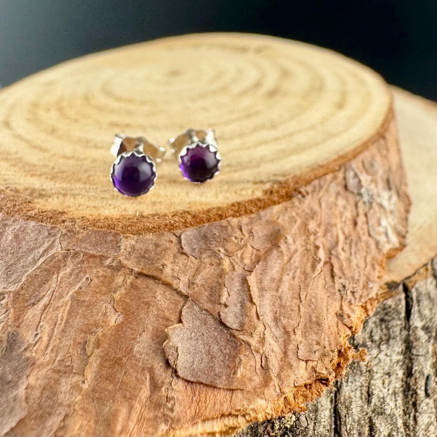 Handcrafted Serrated Bezel Amethyst Sud Post Earrings: 4mm
