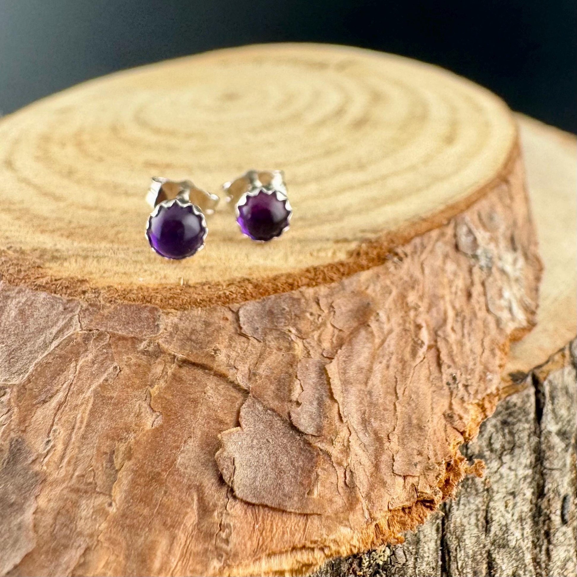 Handcrafted Serrated Bezel Amethyst Sud Post Earrings: 4mm