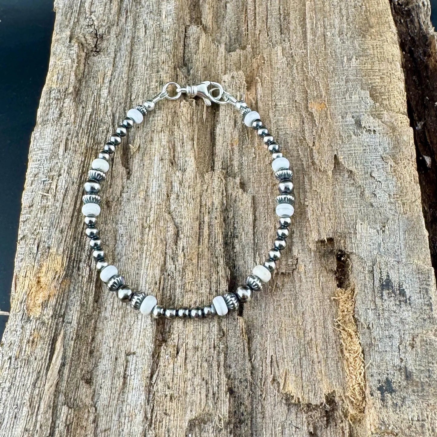 Navajo Pearl White Turquoise Beaded Bracelet - Sterling Silver Gemstone Jewelry