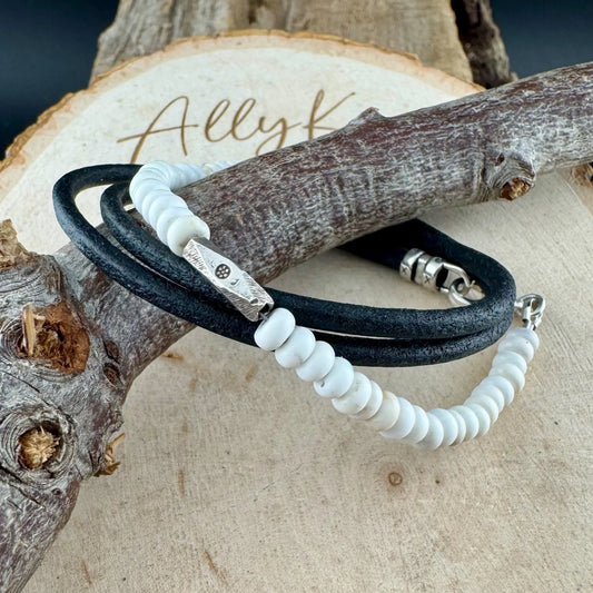 White turquoise leather wrap bracelet, genuine leather