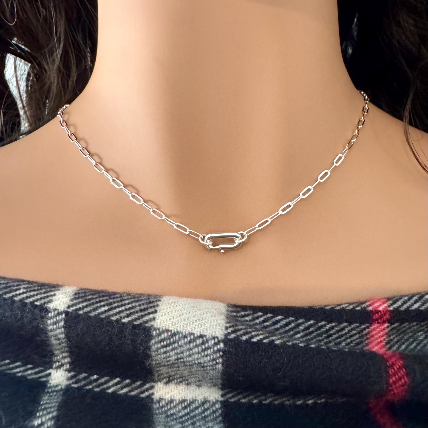 Sterling Silver Paperclip Chain Necklace – Medium Link, Spring Carabiner Clasp, Minimalist Jewelry