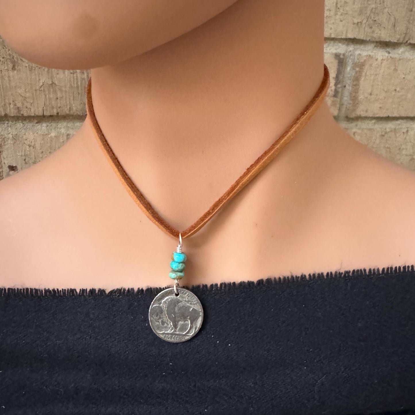 Indian Head Buffalo Nickel Necklace with Kingman Turquoise on Deerskin Lace