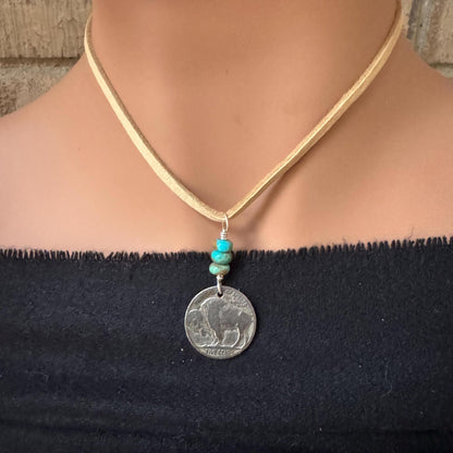 Indian Head Buffalo Nickel Necklace with Kingman Turquoise on Deerskin Lace