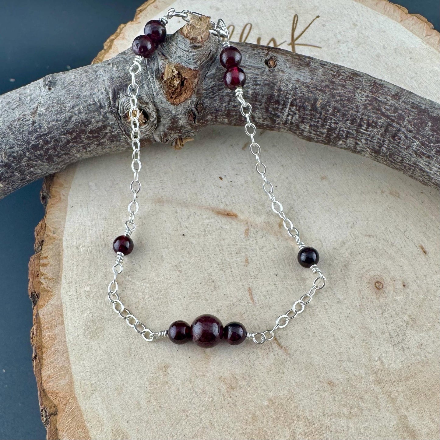 Garnet Gemstone Bracelet with Sterling Silver Cable Chain