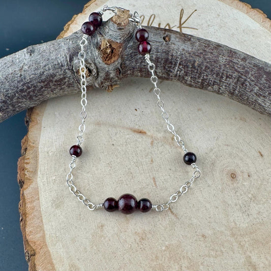 Garnet Gemstone Bracelet with Sterling Silver Cable Chain