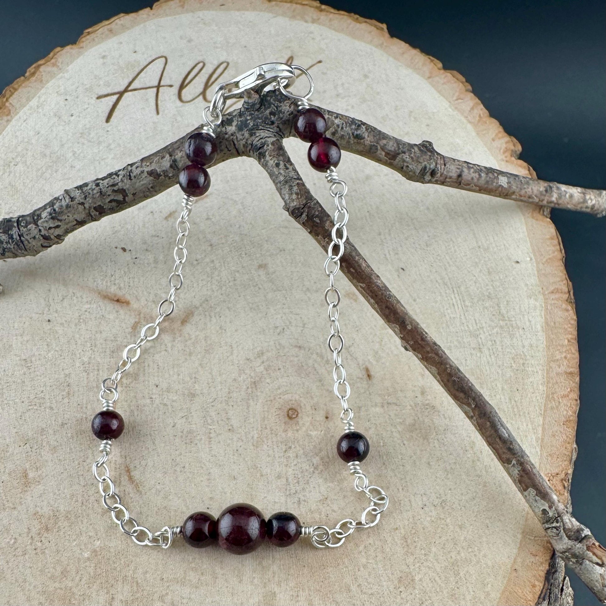 Garnet Gemstone Bracelet with Sterling Silver Cable Chain
