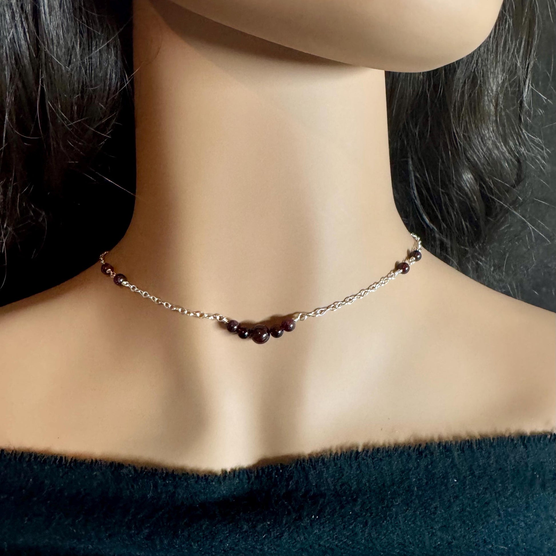 Sterling Silver Chain Garnet Spacer Necklace, Unique Gemstone Necklace