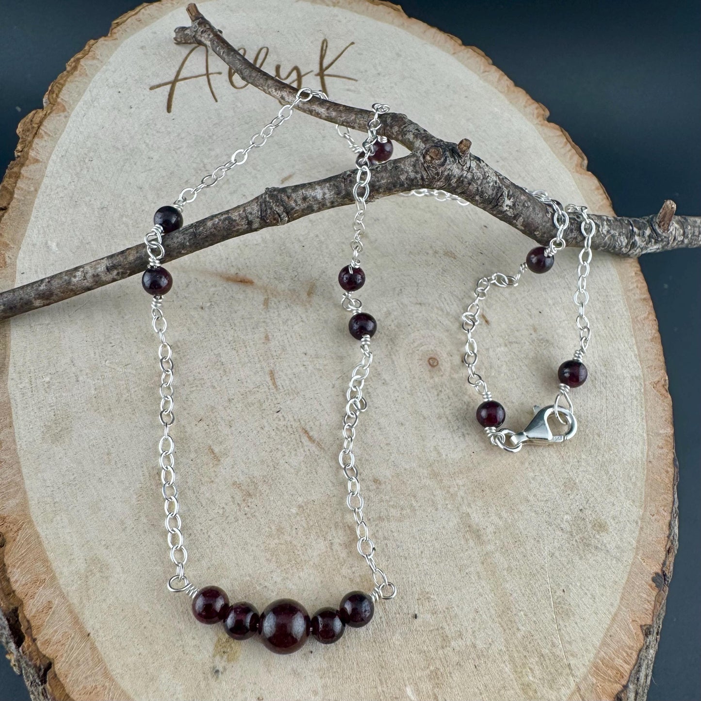Sterling Silver Chain Garnet Spacer Necklace, Unique Gemstone Necklace