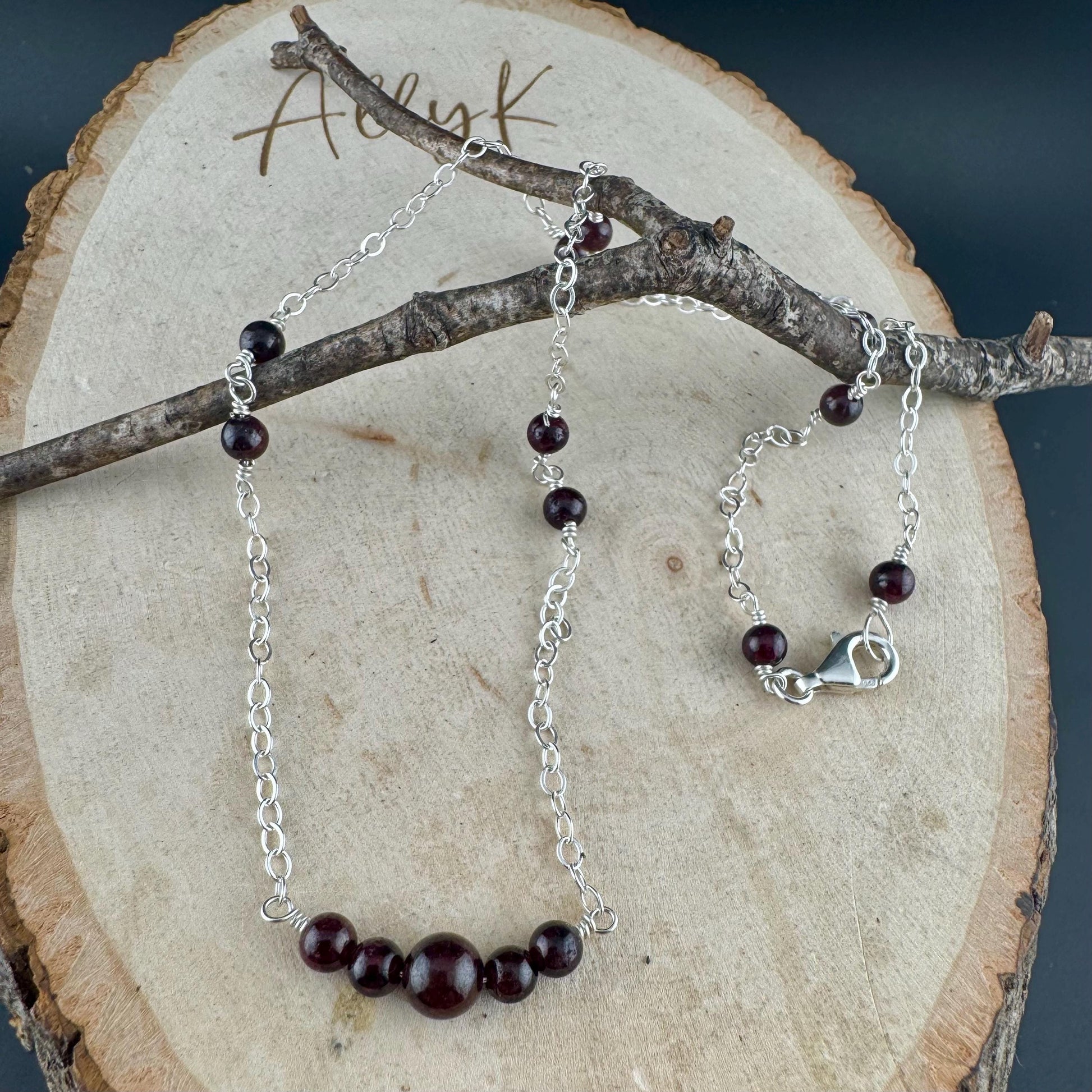 Sterling Silver Chain Garnet Spacer Necklace, Unique Gemstone Necklace