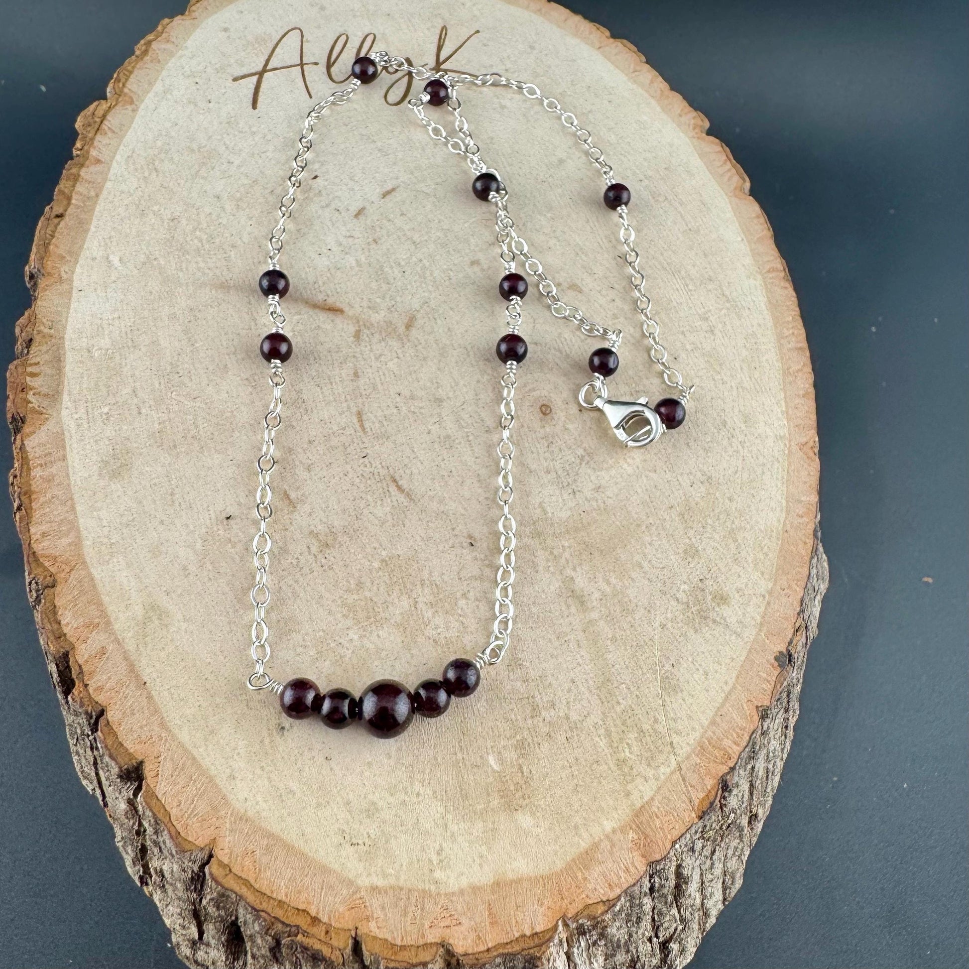 Sterling Silver Chain Garnet Spacer Necklace, Unique Gemstone Necklace