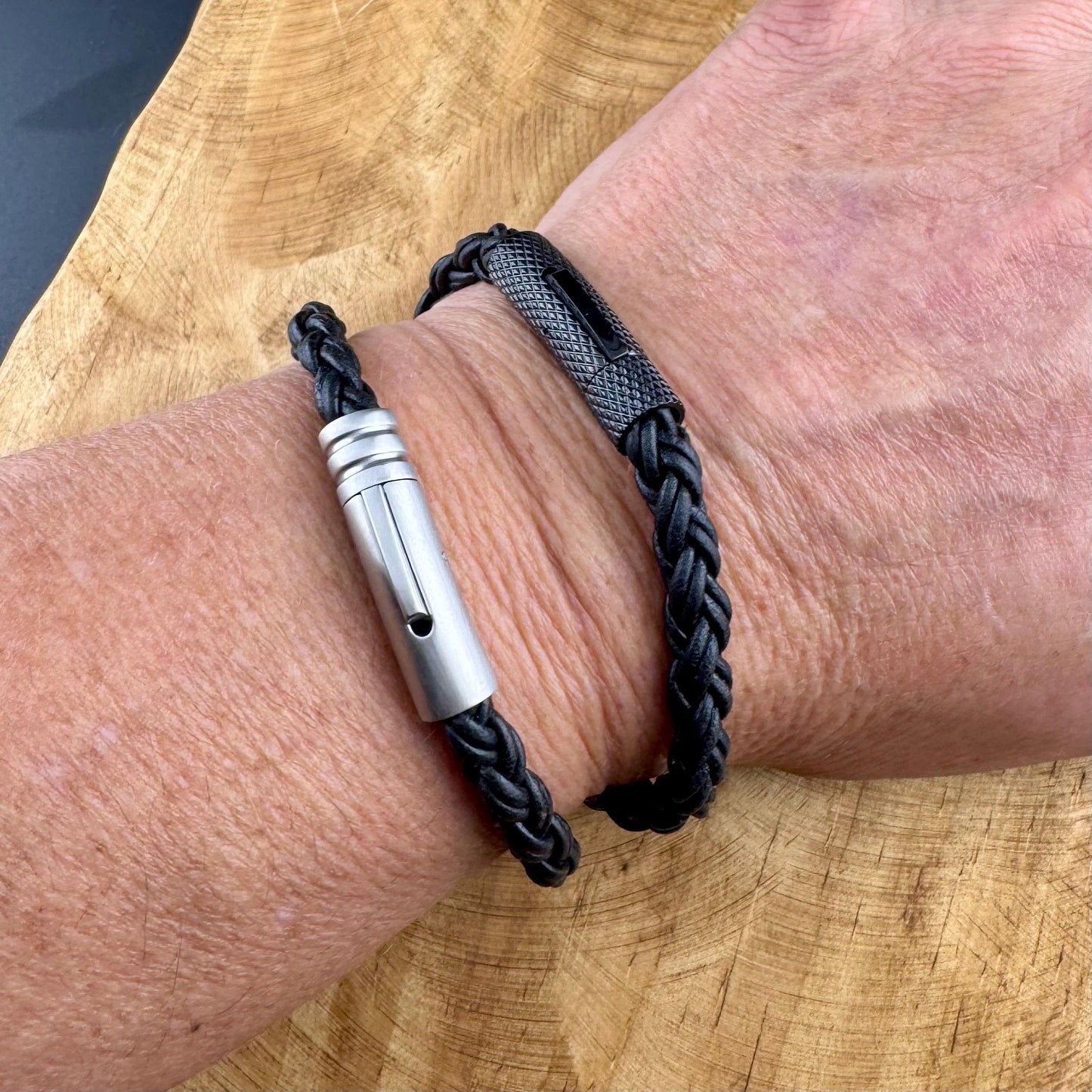 Braid Leather Bracelet for Men & Women | Black Bolo Cord with Steel Trim