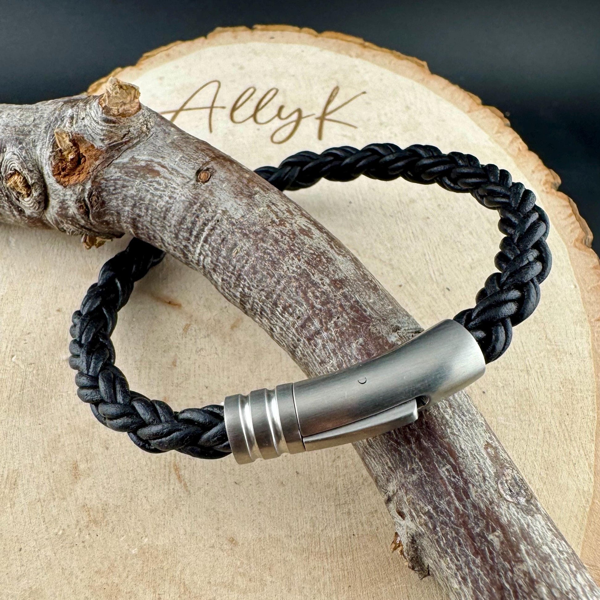 Braid Leather Bracelet for Men & Women | Black Bolo Cord with Steel Trim