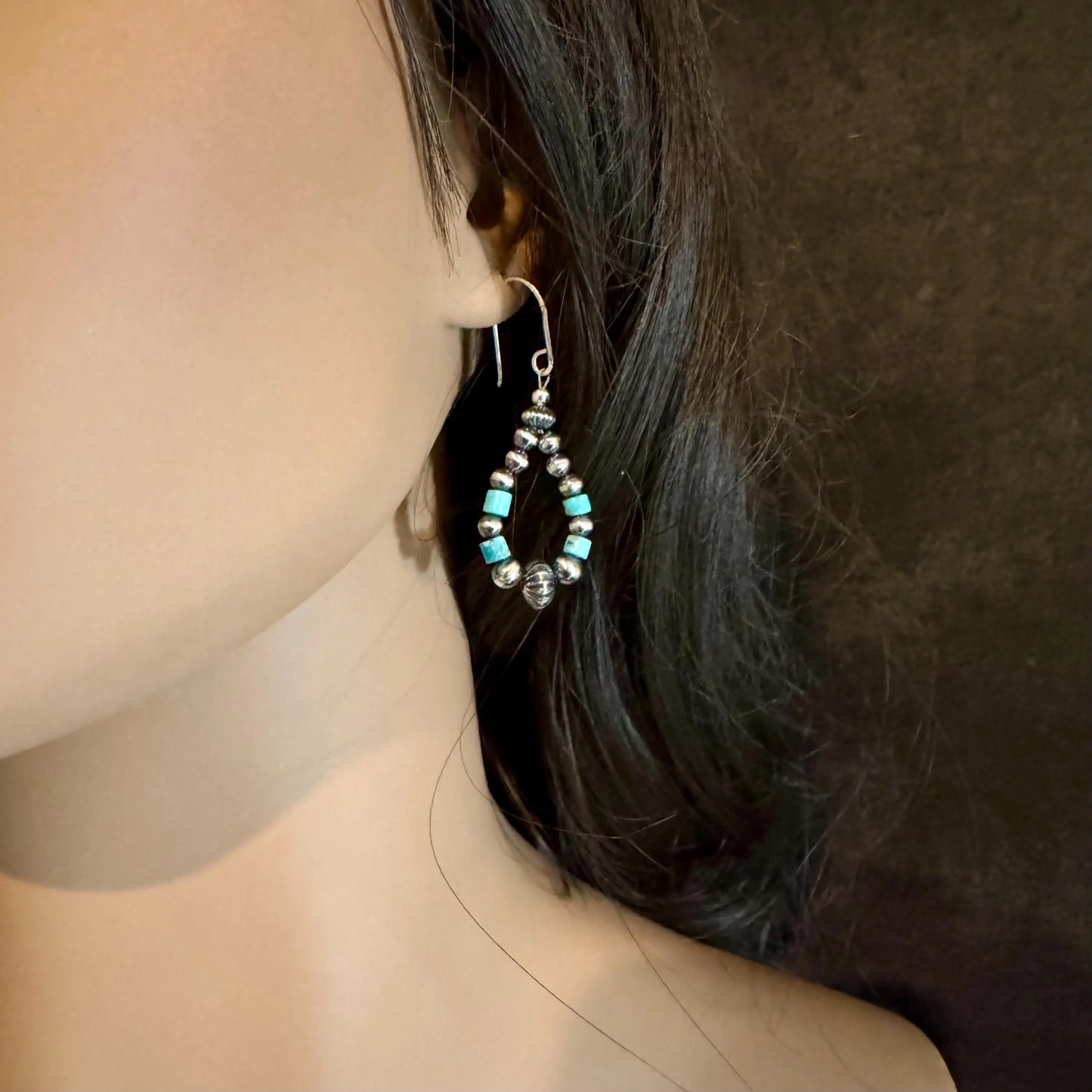 Southwest Style Navajo Pearl Turquoise Teardrop Earrings - Dainty Sterling Silver Dangle Hoops