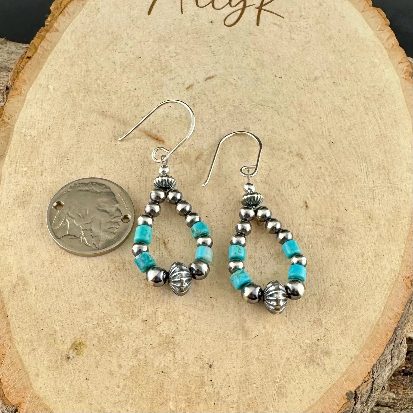 Southwest Style Navajo Pearl Turquoise Teardrop Earrings - Dainty Sterling Silver Dangle Hoops