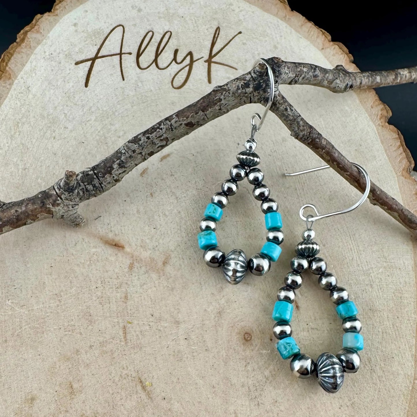 Southwest Style Navajo Pearl Turquoise Teardrop Earrings - Dainty Sterling Silver Dangle Hoops