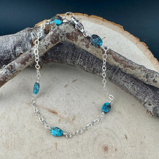 Royston Turquoise Gemstone Bracelet with Sterling Silver Cable Chain