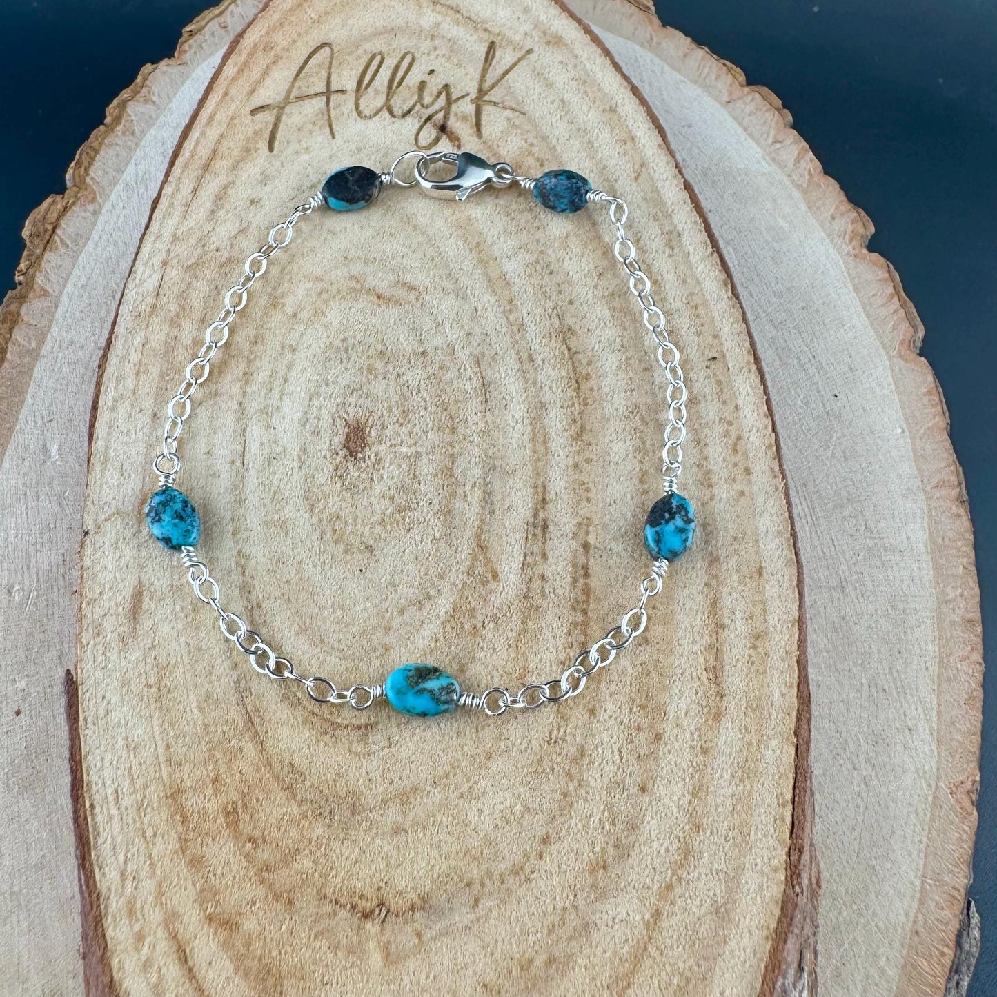 Royston Turquoise Gemstone Bracelet with Sterling Silver Cable Chain