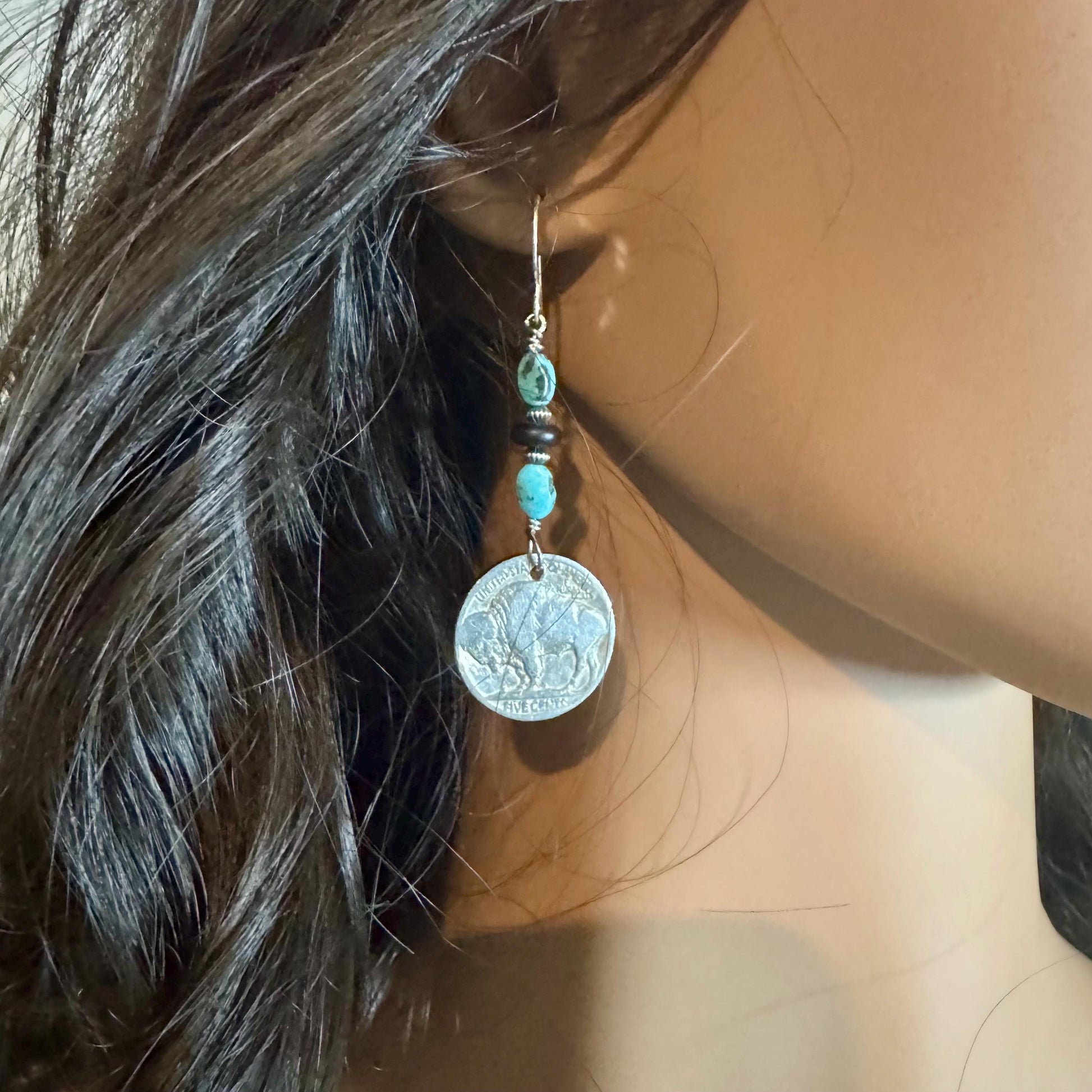 Southwestern Sterling Silver Earrings: Indian Buffalo Nickel, Royston Turquoise & Onyx Accents