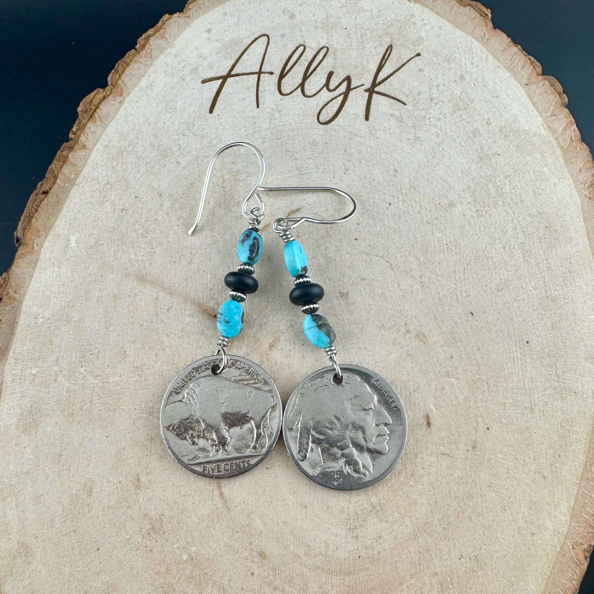 Southwestern Sterling Silver Earrings: Indian Buffalo Nickel, Royston Turquoise & Onyx Accents