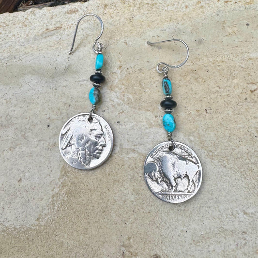 Southwestern Sterling Silver Earrings: Indian Buffalo Nickel, Royston Turquoise & Onyx Accents