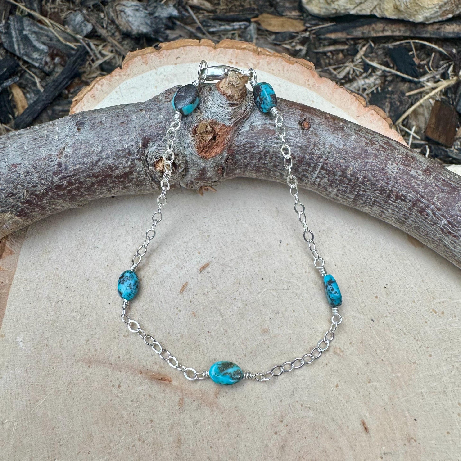 Royston Turquoise Gemstone Bracelet with Sterling Silver Cable Chain