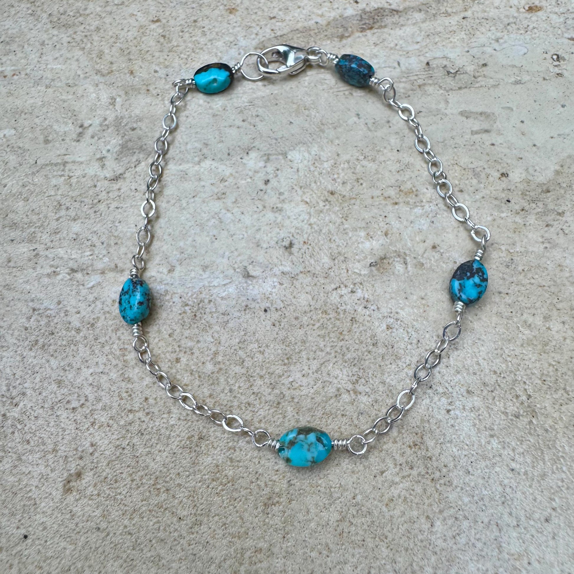 Royston Turquoise Gemstone Bracelet with Sterling Silver Cable Chain