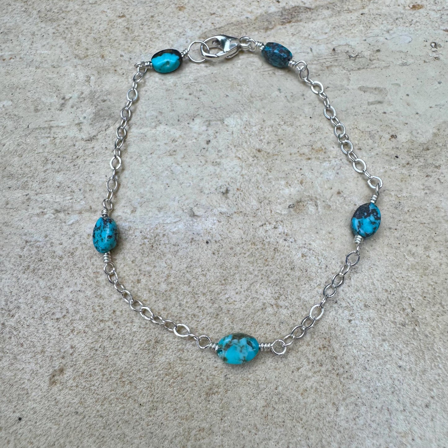 Royston Turquoise Gemstone Bracelet with Sterling Silver Cable Chain