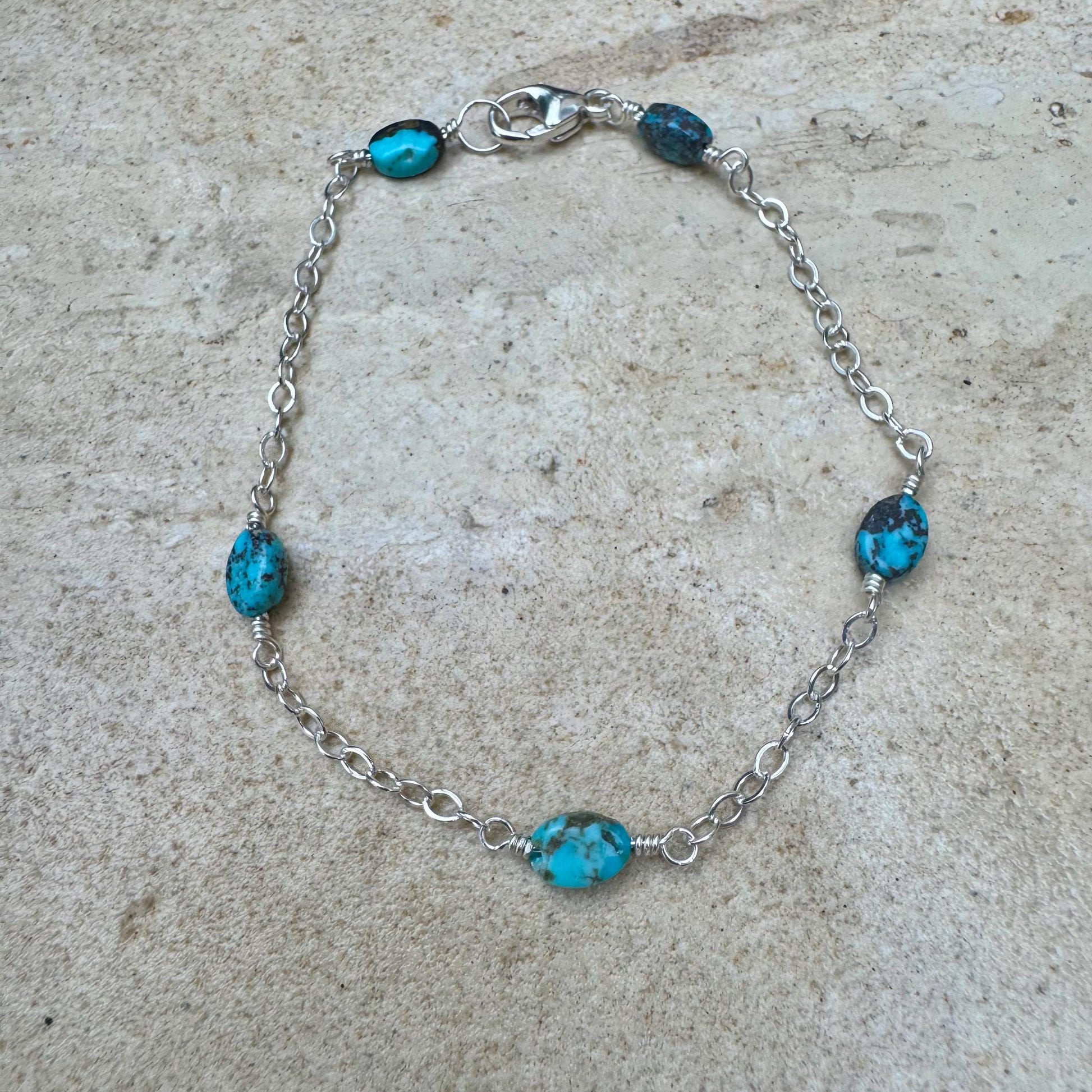 Royston Turquoise Gemstone Bracelet with Sterling Silver Cable Chain