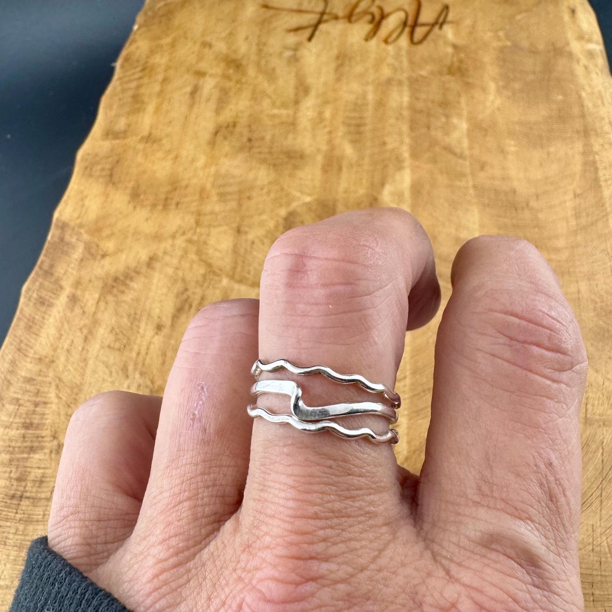 Trio Dainty Sterling Silver Wavy Ring Set | Minimalist Metal Rings for Everyday Wear