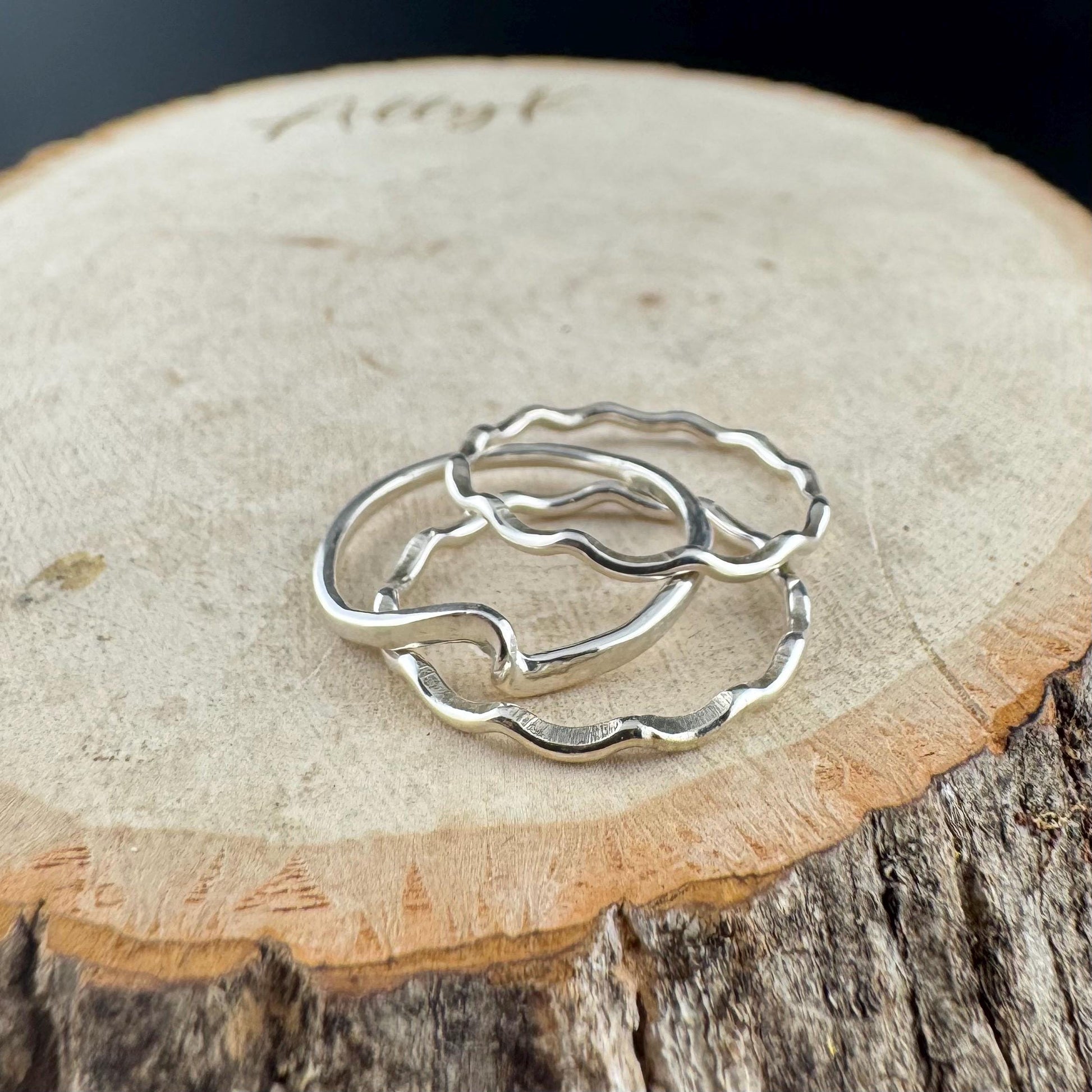 Trio Dainty Sterling Silver Wavy Ring Set | Minimalist Metal Rings for Everyday Wear