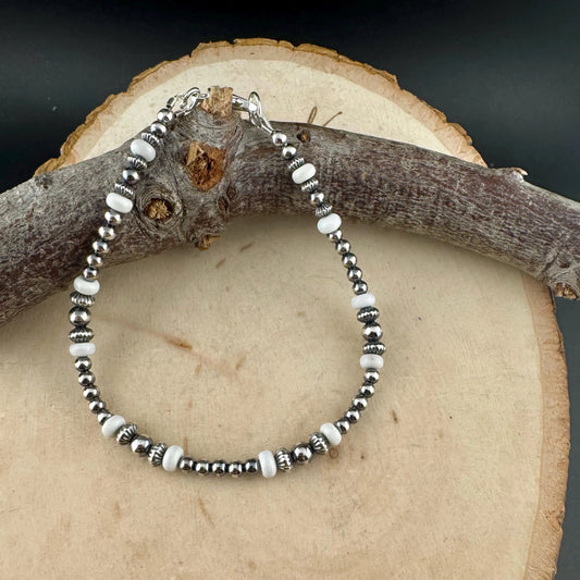 Navajo Pearl White Turquoise Beaded Bracelet - Sterling Silver Gemstone Jewelry