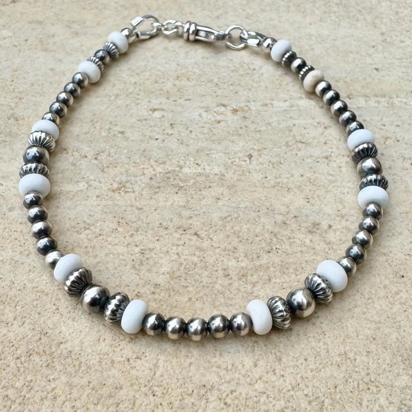 Navajo Pearl White Turquoise Beaded Bracelet - Sterling Silver Gemstone Jewelry
