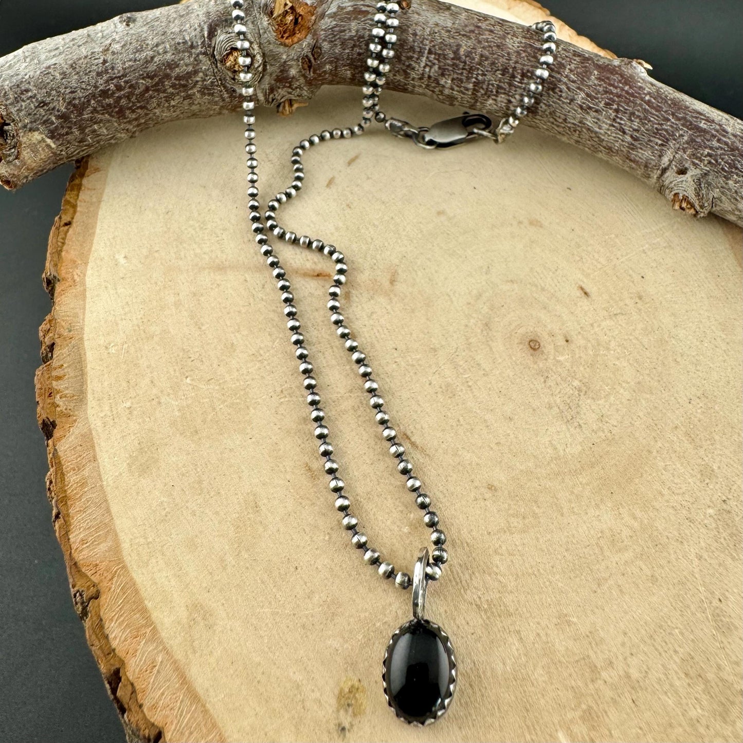 Black Onyx Bezel Pendant Necklace – Sterling Silver Boho Jewelry
