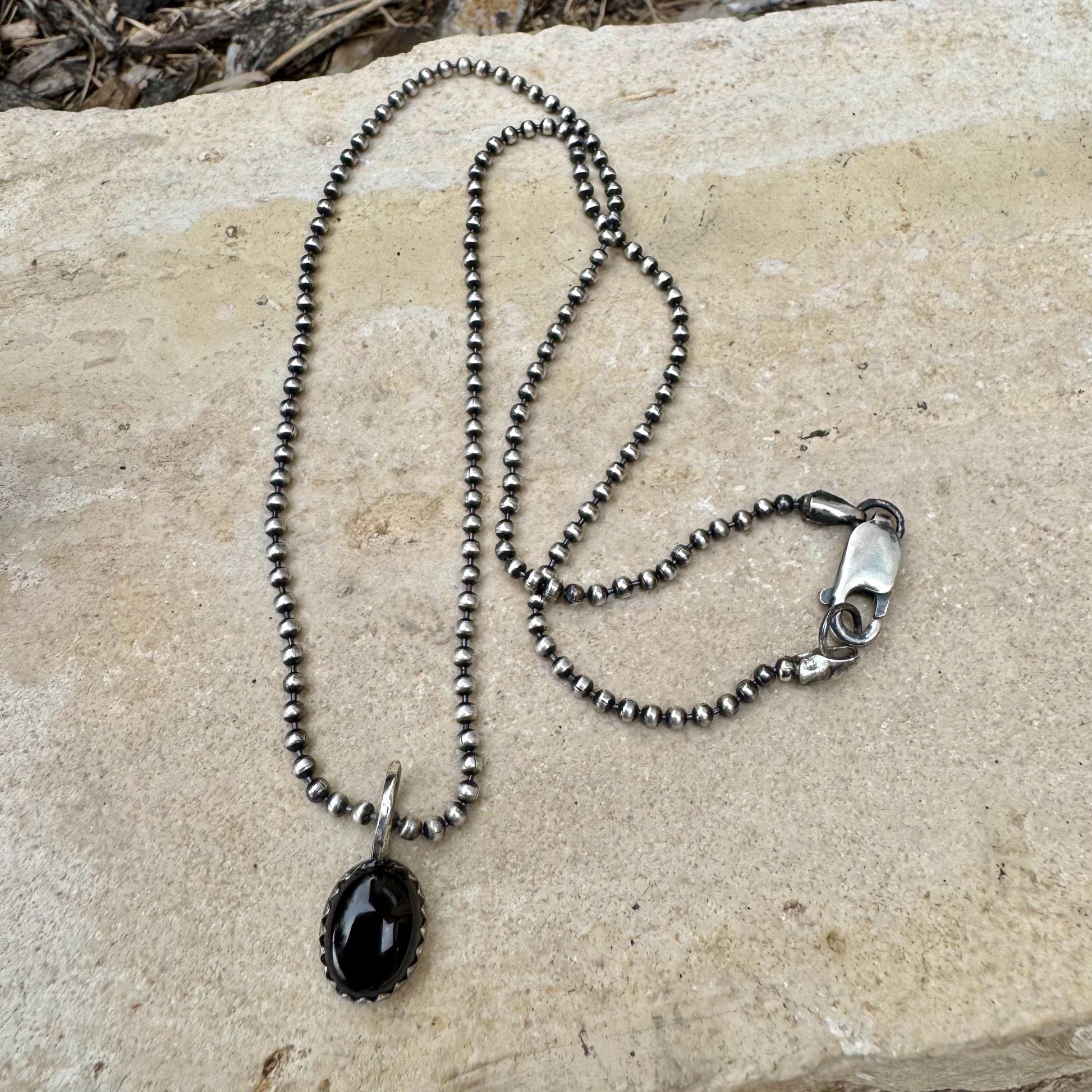 Black Onyx Bezel Pendant Necklace – Sterling Silver Boho Jewelry