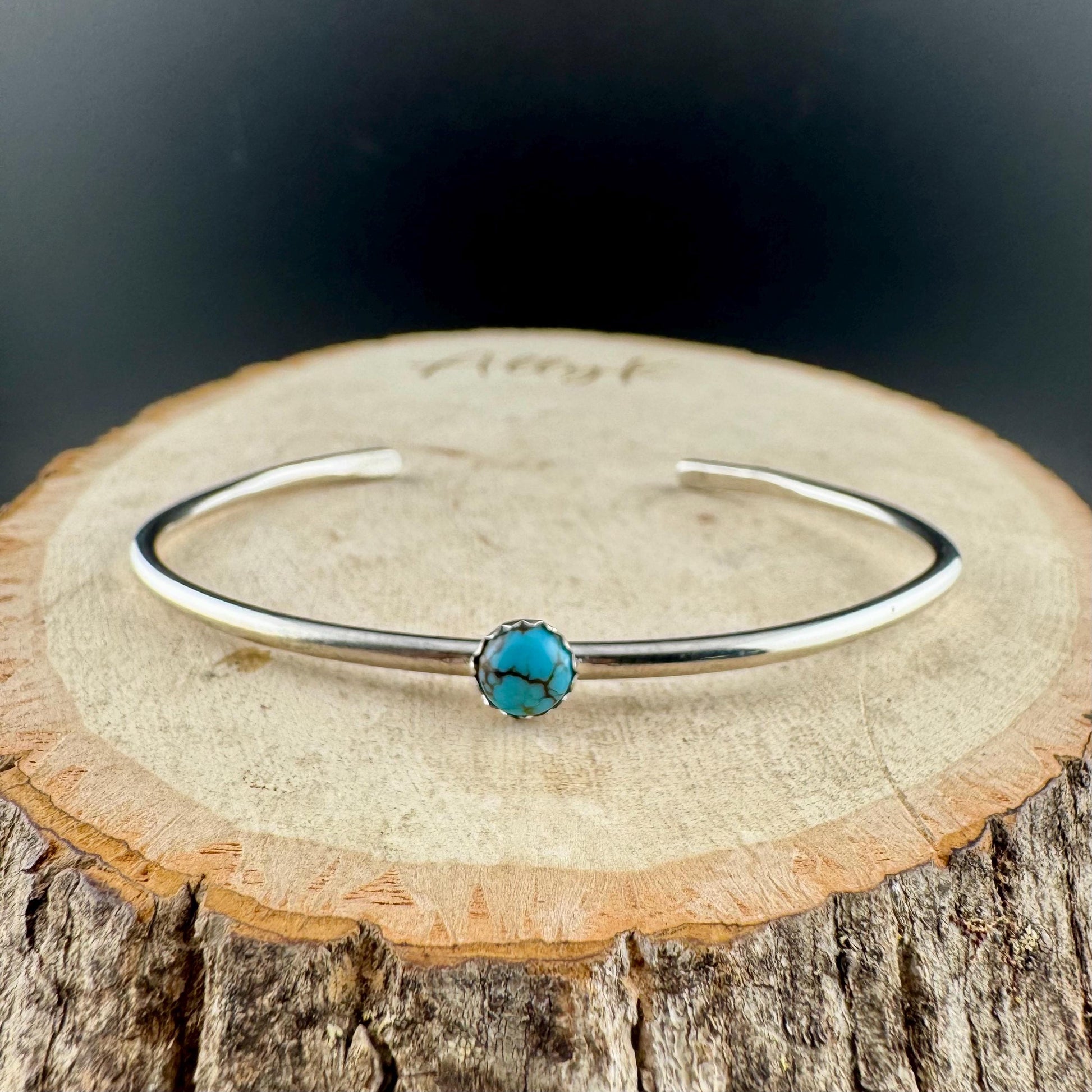 Sterling Silver Dainty Royston Turquoise Bracelet – Handmade Adjustable Cuff Jewelry