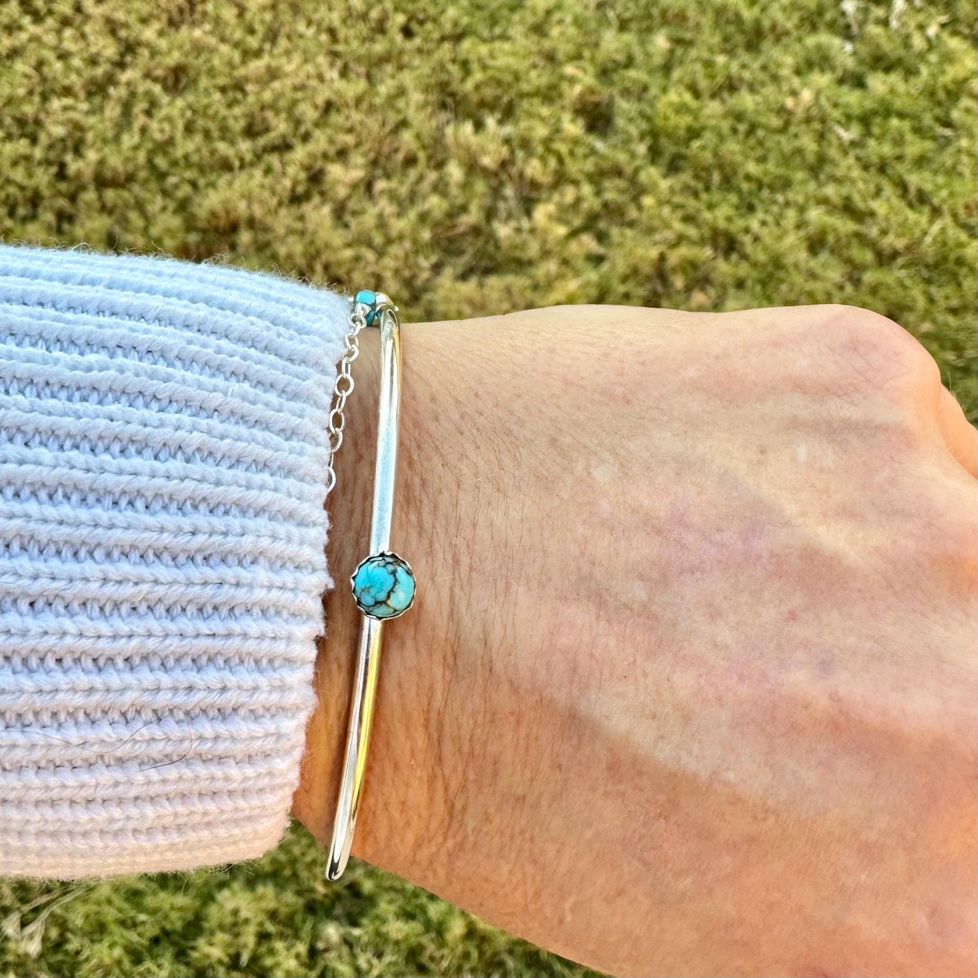 Sterling Silver Dainty Royston Turquoise Bracelet – Handmade Adjustable Cuff Jewelry