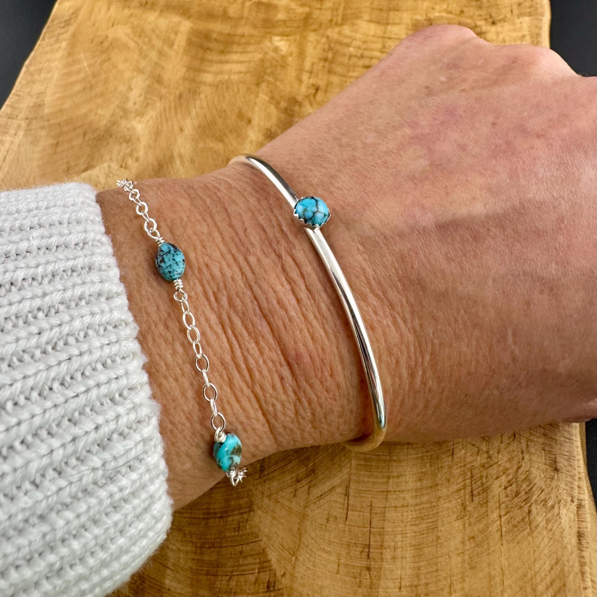 Sterling Silver Dainty Royston Turquoise Bracelet – Handmade Adjustable Cuff Jewelry