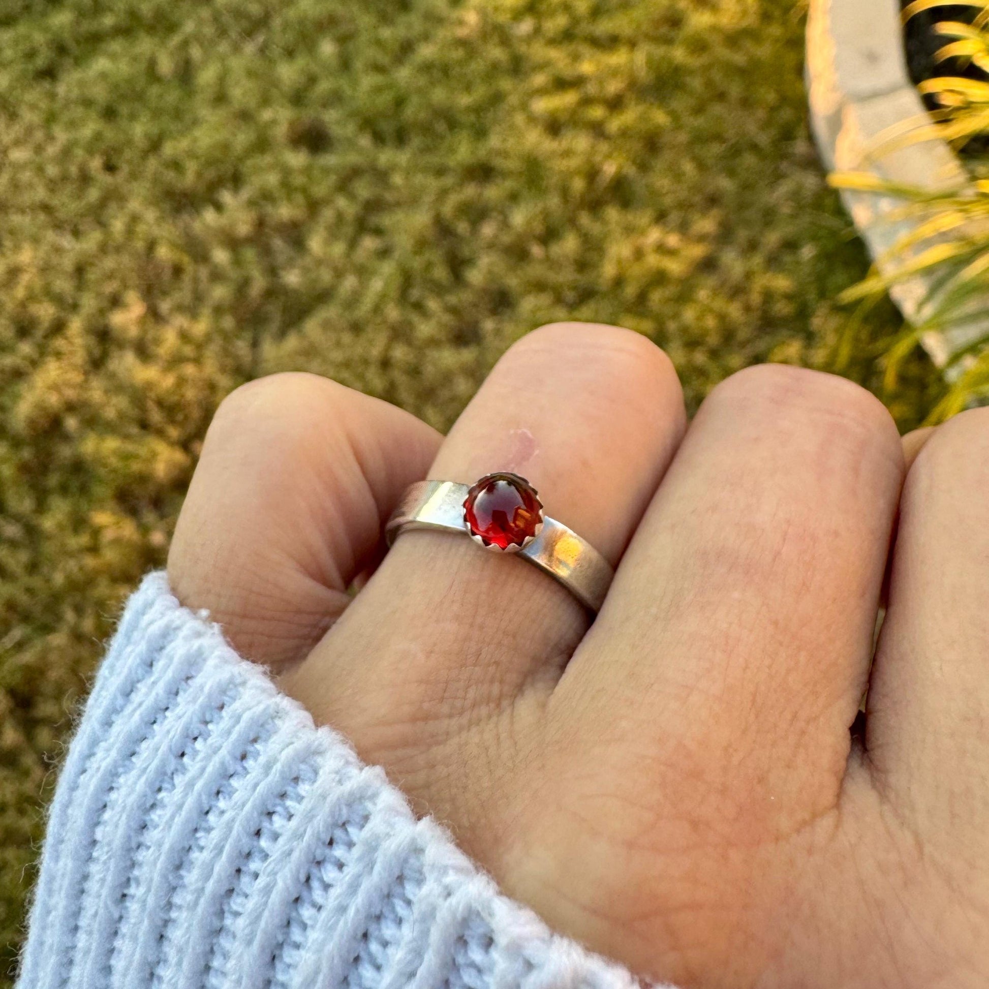 Sterling Silver Garnet Gemstone Band Ring - Hammered or Smooth Finish