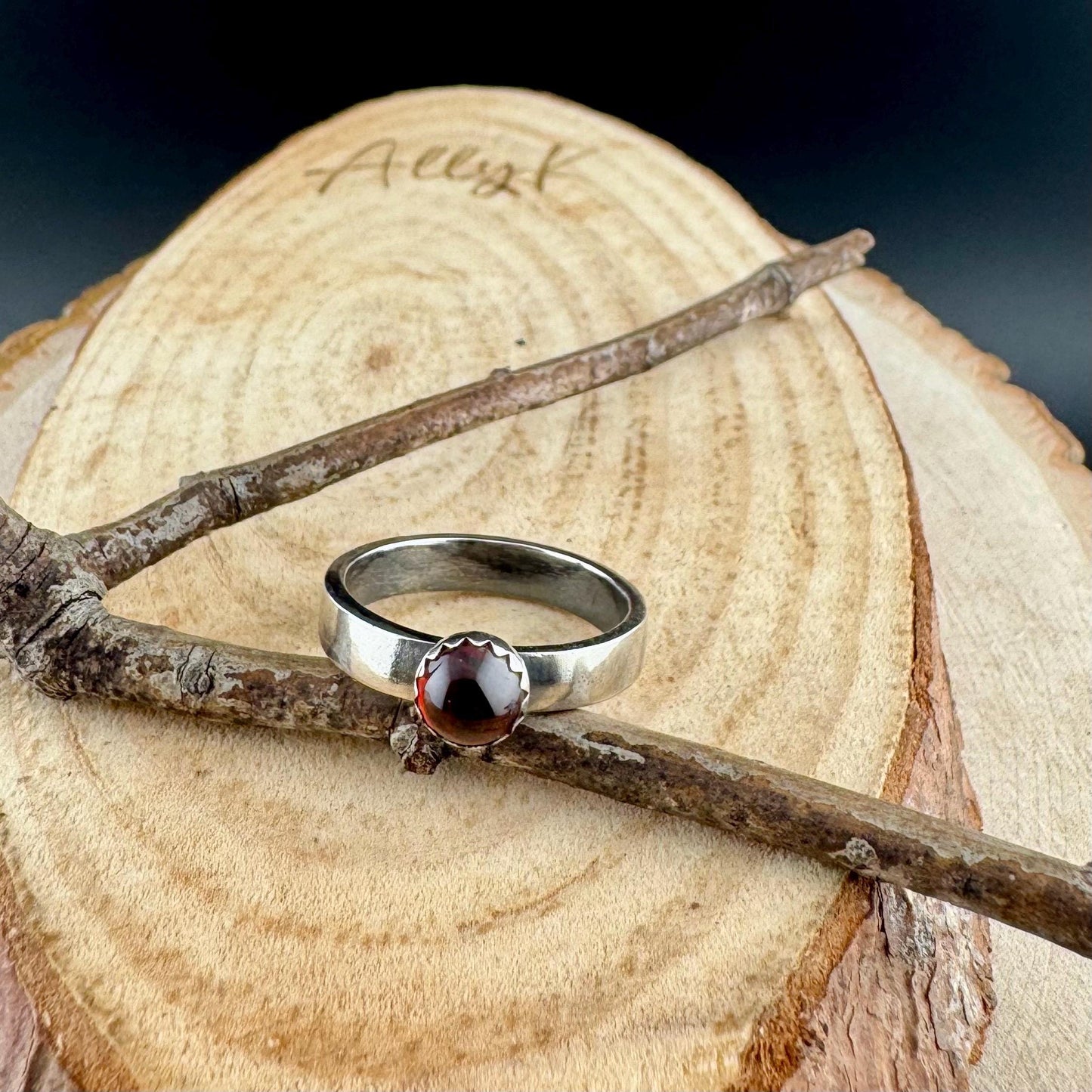 Sterling Silver Garnet Gemstone Band Ring - Hammered or Smooth Finish